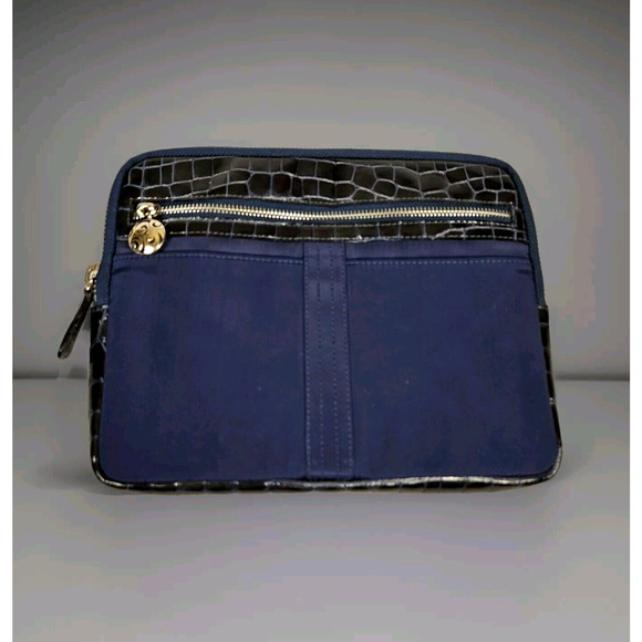 Brighton Nylon Leather Cosmetic Travel Case Clutch Pouch Bag Navy Silver Luxury - Picture 1 of 10